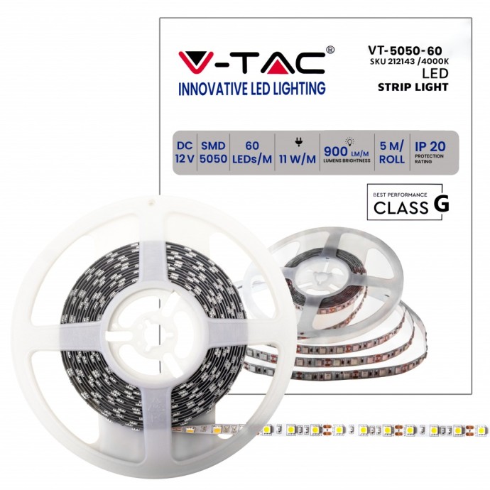 Strip LED SMD5050 11W/m 12V 5m V-TAC VT-5050-IP20 - Bobina da 5 m