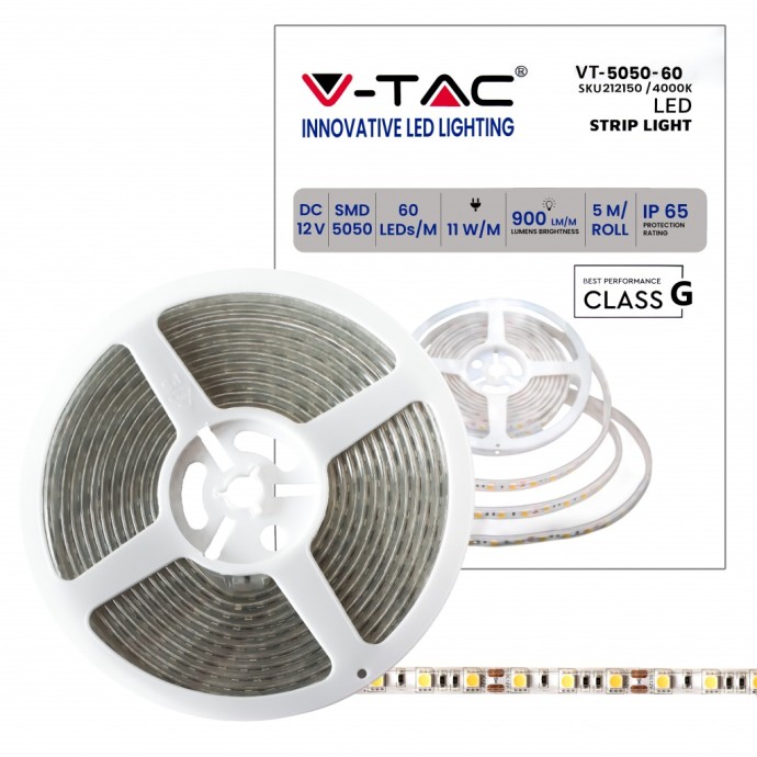 Strip LED 11W/m 12V IP65 5m V-TAC VT-5050-60-IP65 - Bobina da 5 m