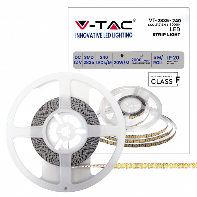 Strip LED 20W/m 12V 5m 240 LED/m IP20 V-TAC VT-2835-240-IP20 - Bobina da 5 m