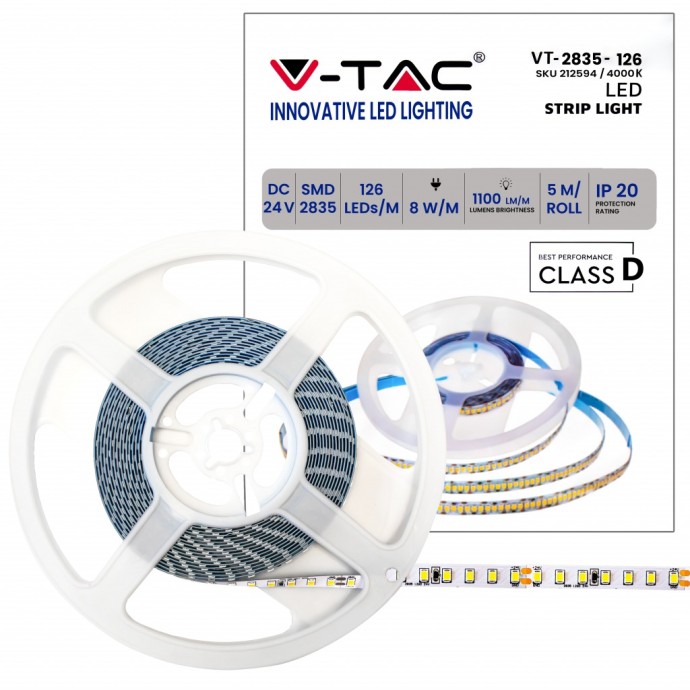 Striscia LED 8W/m 24V 5m IP20 V-TAC VT-2835 - Bobina da 5 m
