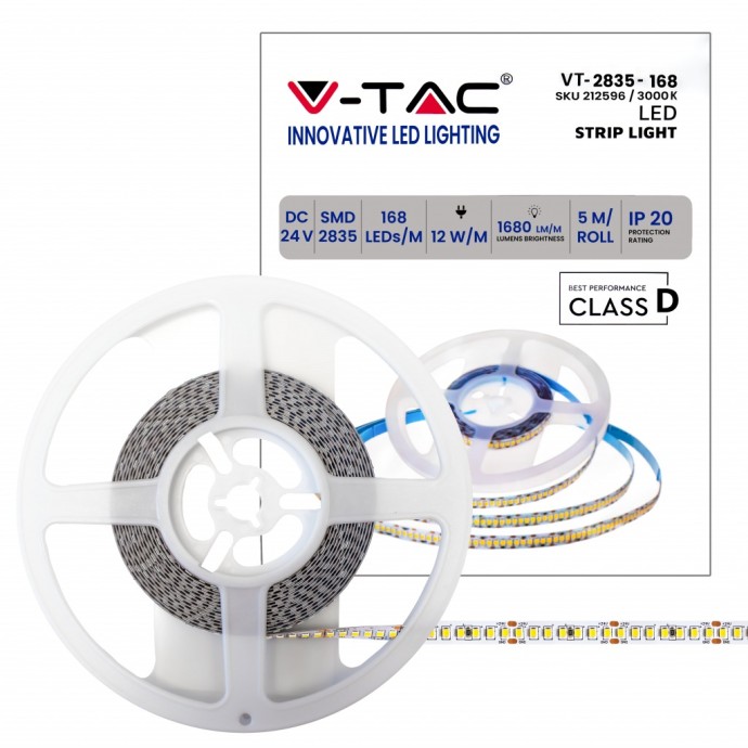 Striscia LED 12W/m 24V 168 LED/m 5m V-TAC VT-2835-168 - Bobina da 5 m
