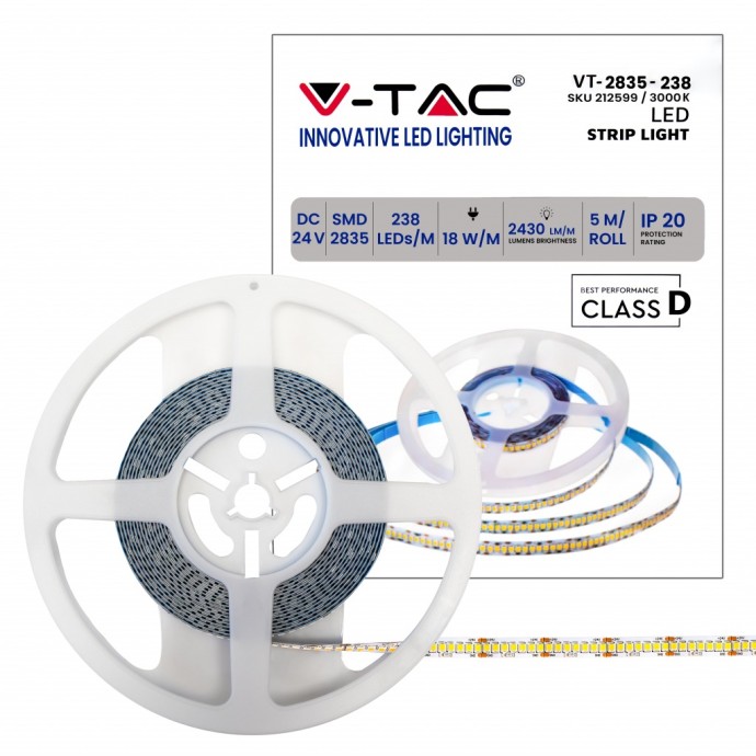 Striscia LED 18W/m 24V 5m 238 LED/m V-TAC VT-2835-238-IP20 - Bobina da 5 m