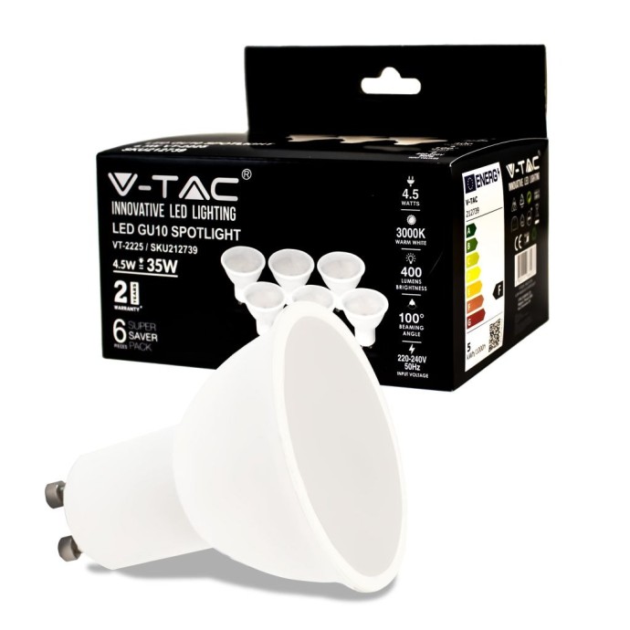 Faretto LED GU10 4,5W 100° Bianco V-TAC VT-2225, 6 pezzi