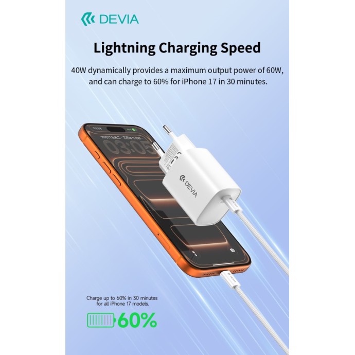 Caricatore GaN USB-C 40W, max 60W, cavo incluso, bianco Devia RCE-6001CWLEU