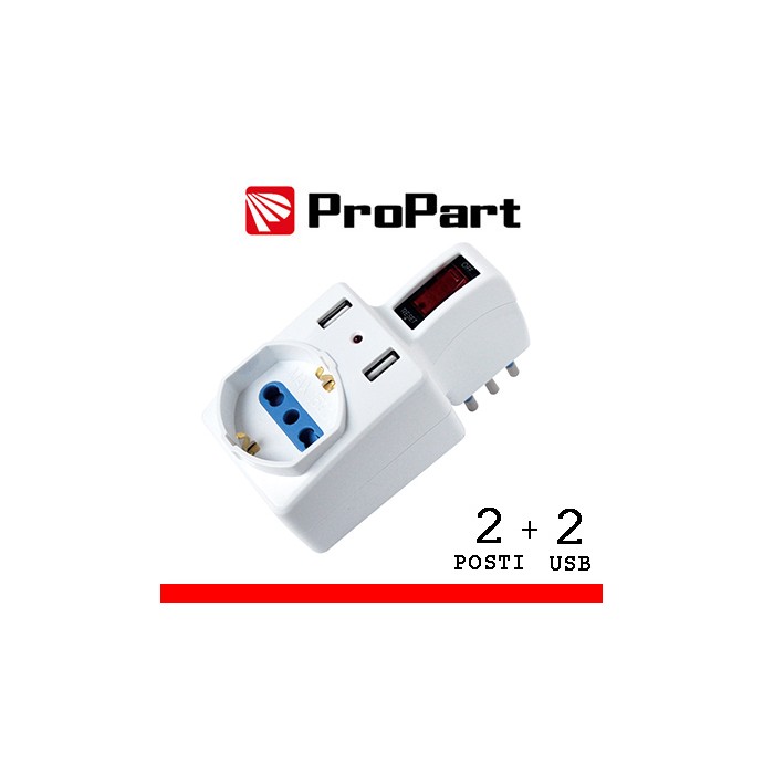 Adattatore 2 prese bipasso/Schuko con 2 USB e interruttore ProPart-El