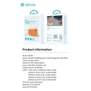 Caricatore USB-C GaN 40W/60W Arancione Devia Ultra6 RCE-6001CWLEU - foto 6