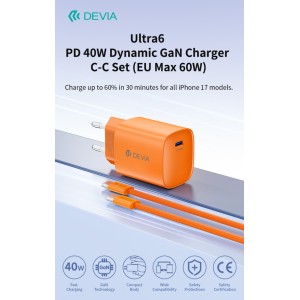 Caricatore GaN USB-C 40W 60W con cavo arancione Devia Ultra6 - foto 2
