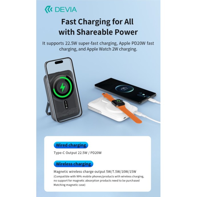 Power bank magnetico 10.000 mAh 22.5W con supporto Apple Watch Nero Devia