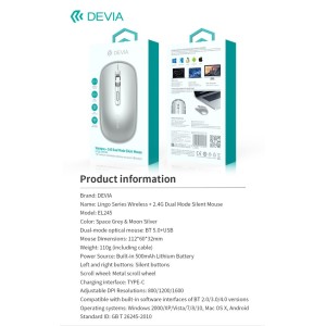 Mouse wireless DPI regolabile 2.4G Bluetooth Silver Devia - foto 6