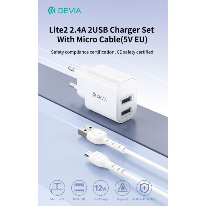 Caricabatterie 2.4A 2 USB-A 5V 12W con cavo Micro USB Devia