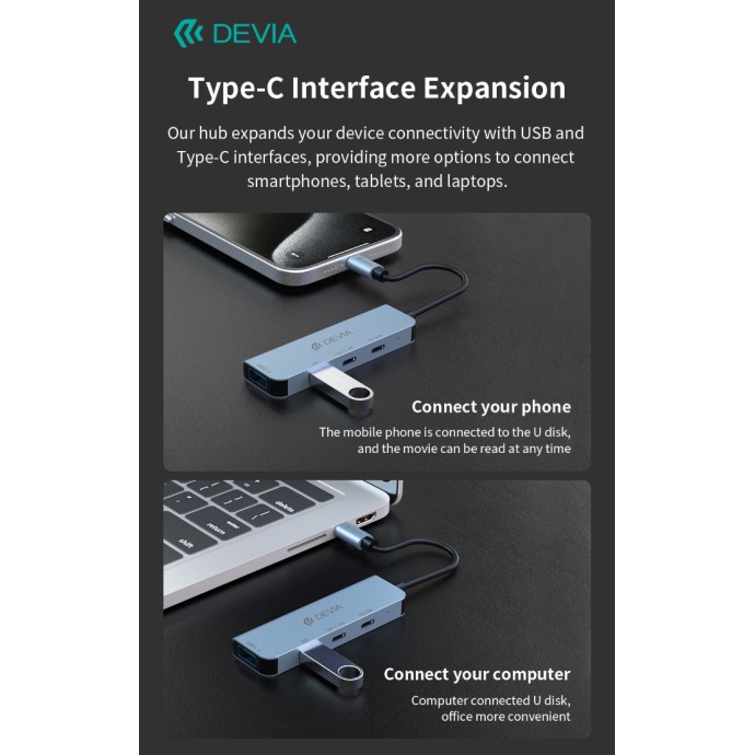Hub 4 in 1 USB-C con 2 USB, USB-C e PD 100W Devia Leopard