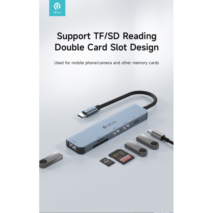 Hub 5 in 1 USB-C con 3 USB 3.0, PD e lettore di schede Devia