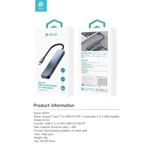 Hub 5 in 1 USB-C con 3 USB 3.0, PD e lettore di schede Devia - foto 6