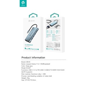 Hub USB-C 11 in 1 USB 3.1 HDMI 4K VGA Devia Leopard - foto 6