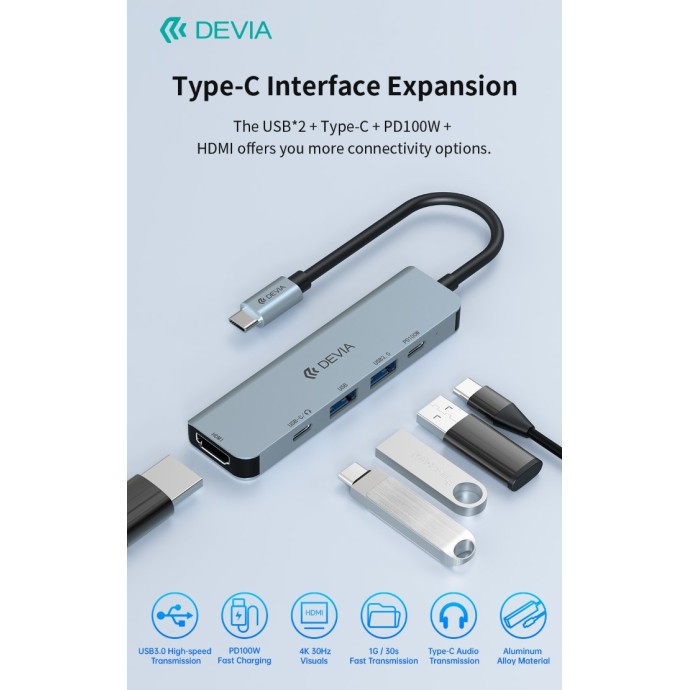 Hub 5 in 1 USB-C con 2 USB, PD 100W e HDMI 4K Devia