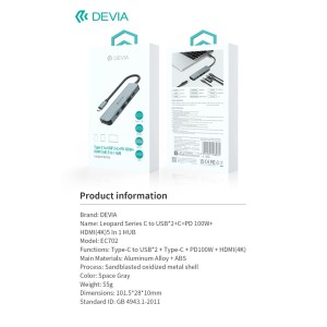 Hub 5 in 1 USB-C con 2 USB, PD 100W e HDMI 4K Devia - foto 6