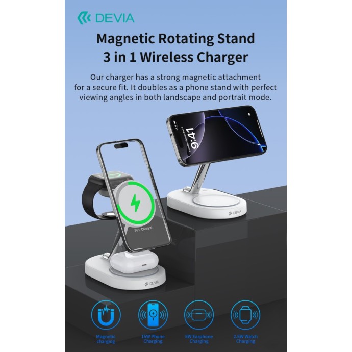 Caricatore wireless magnetico 3 in 1 15W bianco Devia Y302