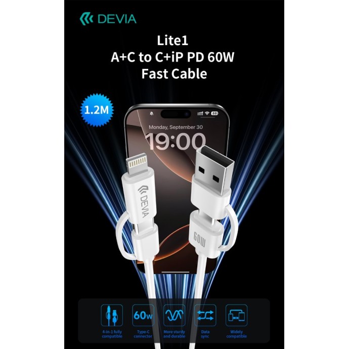 Cavo 4-in-1 USB-A USB-C Lightning 60W 1,2m bianco Devia EC503