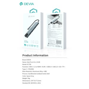 Hub USB Type-C 8 in 1 PD 100W HDMI RJ45 Devia - foto 6