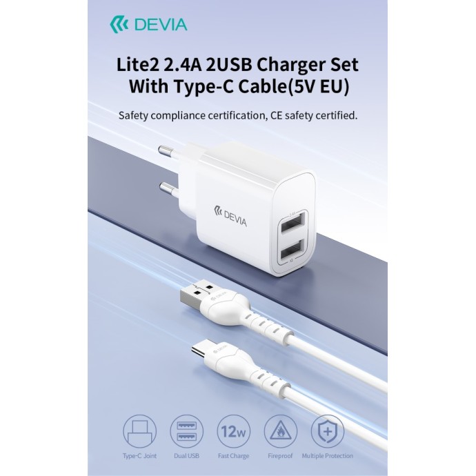 Caricabatterie 12W 2 USB-A 5V con cavo USB-C bianco Devia RLC-342