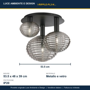 Plafoniera 3 luci E27 IP20 RIPPLE Nero e Oro - Luce Ambiente e Design - foto 3