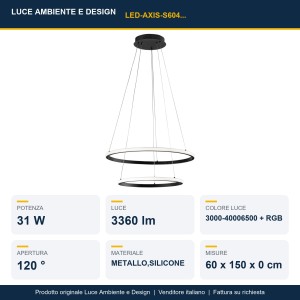 Sospensione LED CCT RGB 31W Ø60/40 cm Nero e Oro - Luce Ambiente e Design - foto 2