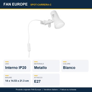Spot a pinza E27 bianco con presa e interruttore FAN Europe CARRERA - foto 2