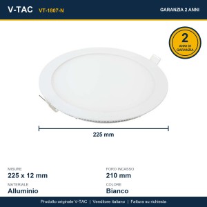 Pannello LED 18W Rotondo da Incasso 210mm Bianco V-TAC VT-1807-N - foto 10