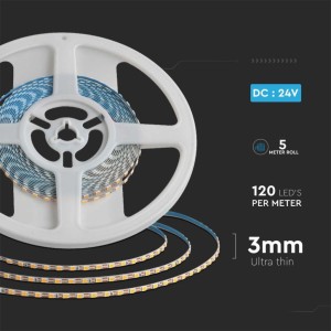 Striscia LED SMD2835 8W/m 24V 5m 120 LED/m 3mm V-TAC VT-2835-120 - Bobina da 5 m - foto 7