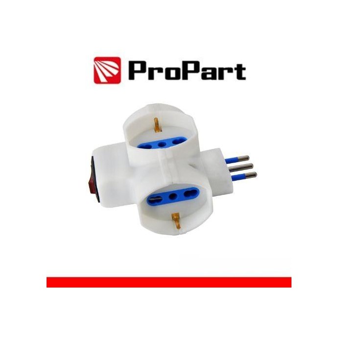Adattatore 3 prese 2P+T 10/16A bipasso/Schuko con interrutt. Spina 10A