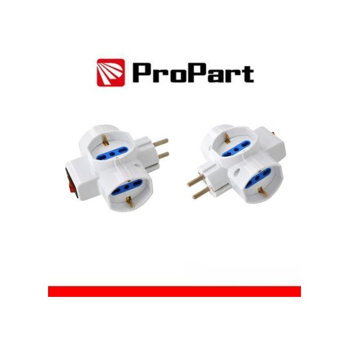 Adattatore 3 prese 2P+T 10/16A bipasso/Schuko con interrutt. Spina Schuko