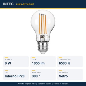 Kit 3 lampadine LED E27 filamento COB 8W 1055lm 6500K Intec - foto 2