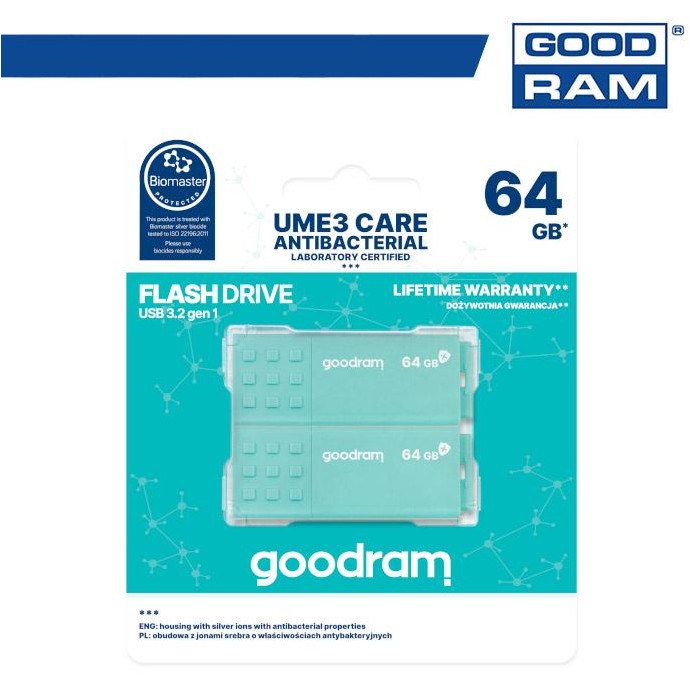 Pendrive GoodRAM 64GB UME3 CARE - ANTIBATTERICA - USB 3.0 - 2-pack Pendrive GoodRAM 64GB UME3 CARE - ANTIBATTERICA - USB 3.0 - 2-pack