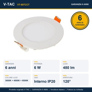 Pannello LED da incasso 6W CCT 3000K-6500K bianco V-TAC VT-607CCT - foto 9