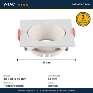 Portafaretto da incasso quadrato GU10 bianco V-TAC VT-932-W - foto 8