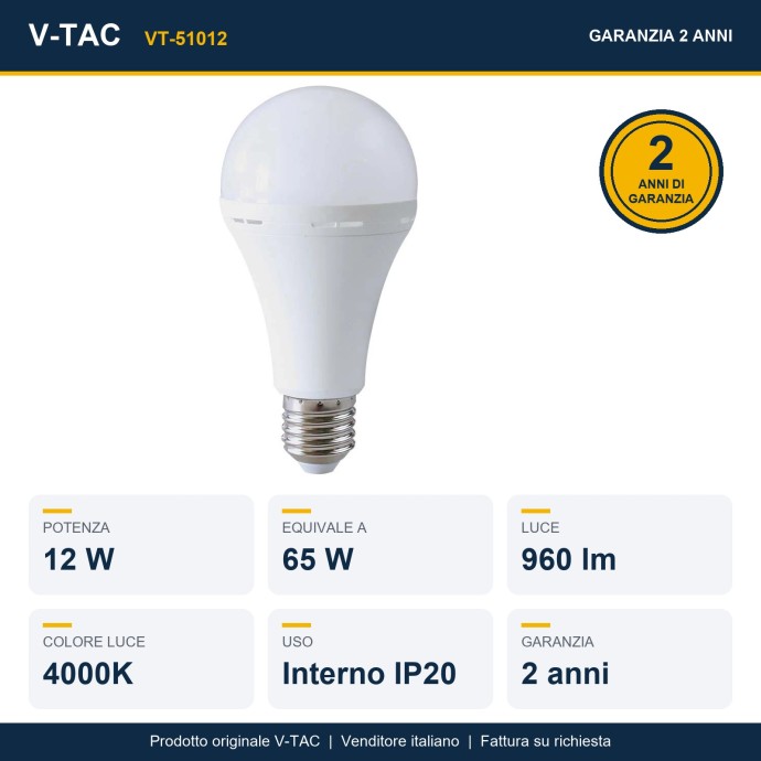 Lampadina LED di emergenza E27 12W 4000K con batteria 4,5h V-TAC VT-51012