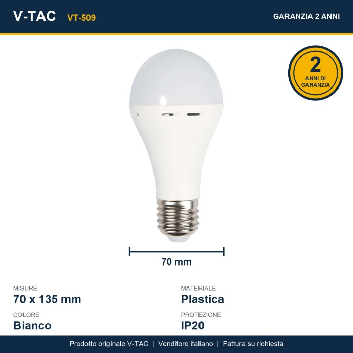 Lampadina LED E27 9W 4000K con batteria di emergenza 3h e funzione torcia V-TAC VT-509