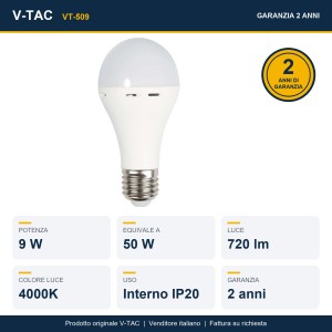 Lampadina LED E27 9W 4000K con batteria di emergenza 3h e funzione torcia V-TAC VT-509 - foto 9