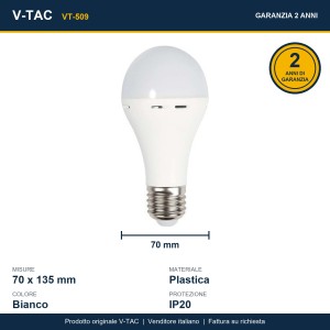Lampadina LED E27 9W 4000K con batteria di emergenza 3h e funzione torcia V-TAC VT-509 - foto 10