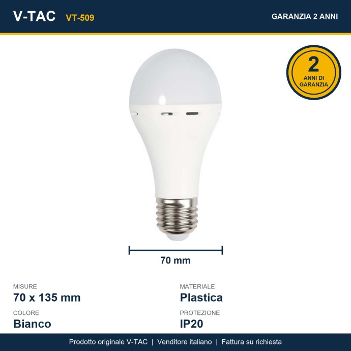 Lampadina LED E27 9W 4000K con batteria di emergenza 3h e funzione torcia V-TAC VT-509
