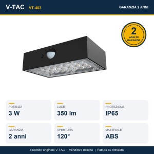 Applique LED solare da esterno 3W 3000K+4000K IP65 sensore PIR nera V-TAC VT-403 - foto 18