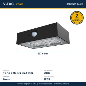 Applique LED solare da esterno 3W 3000K+4000K IP65 sensore PIR nera V-TAC VT-403 - foto 19