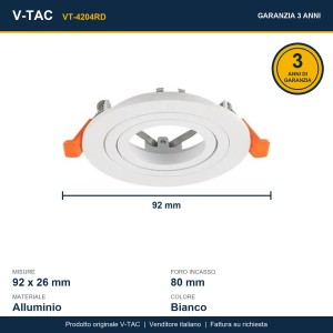 Portafaretto LED da incasso rotondo GU10 bianco foro 80mm IP20 V-TAC VT-4204RD - foto 8