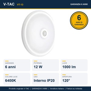 Plafoniera LED rotonda 12W con sensore PIR 6400K bianco V-TAC VT-13 - foto 8