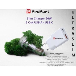Slim Carica Batterie 20W 2 Out USB A - USB C