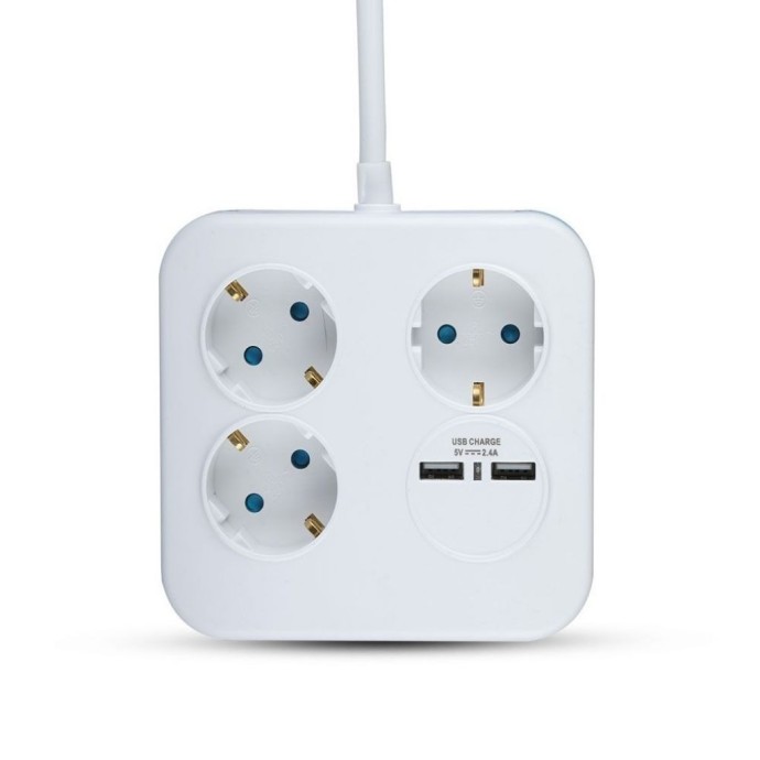 Multipresa quadra bianca con cavo 1,4m, 3 prese Schuko 10/16A e 2 USB-A V-TAC VT-1153-2