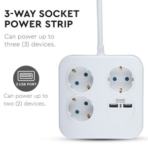 Multipresa quadra bianca con cavo 1,4m, 3 prese Schuko 10/16A e 2 USB-A V-TAC VT-1153-2 - foto 3