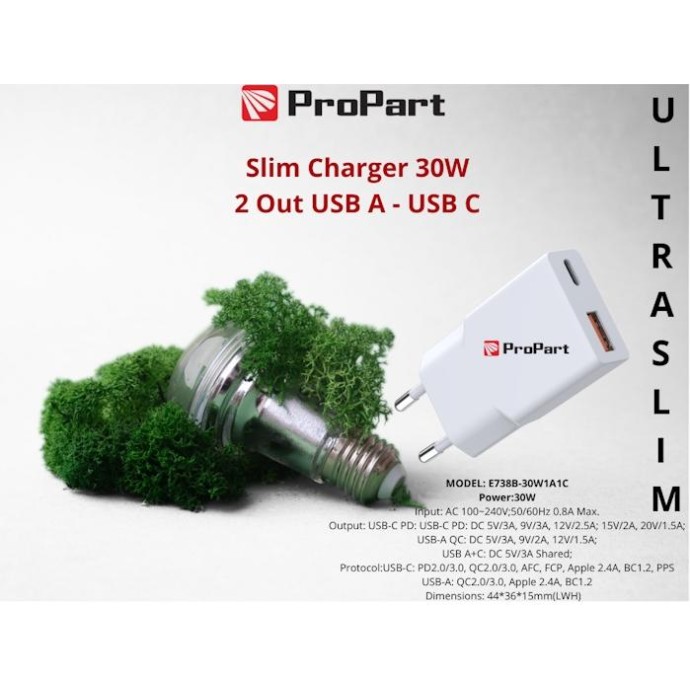 Slim Carica Batterie 30W 2 Out USB A - USB C