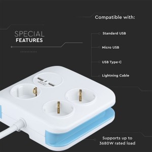 Multipresa quadra bianca con cavo 1,4m, 3 prese Schuko 10/16A e 2 USB-A V-TAC VT-1153-2 - foto 4