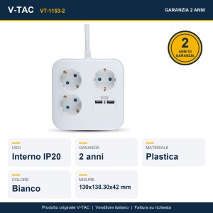 Multipresa quadra bianca con cavo 1,4m, 3 prese Schuko 10/16A e 2 USB-A V-TAC VT-1153-2 - foto 7